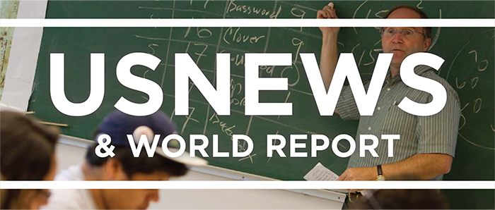 White text reading U.S.News and World Report lays on top of a picture of a professor standing in front of a green chalkboard