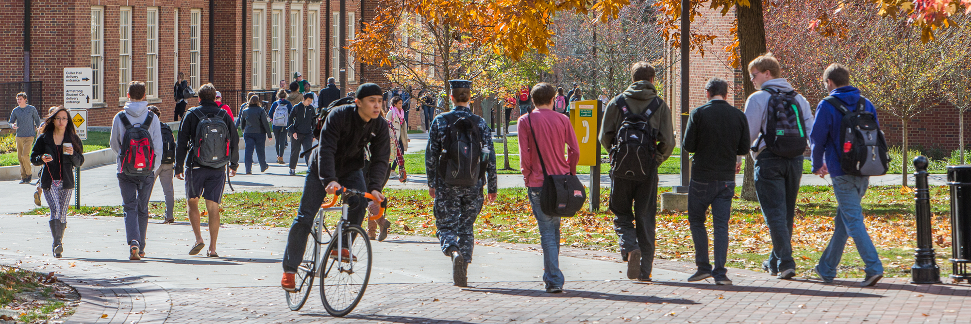Students walking to and from various activities near Armstrong Student Center