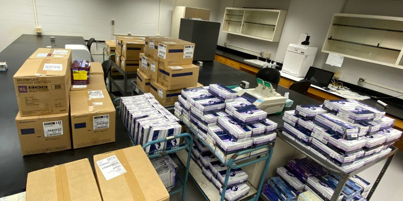 Boxes of medical equipment ready for donations to area hospitals