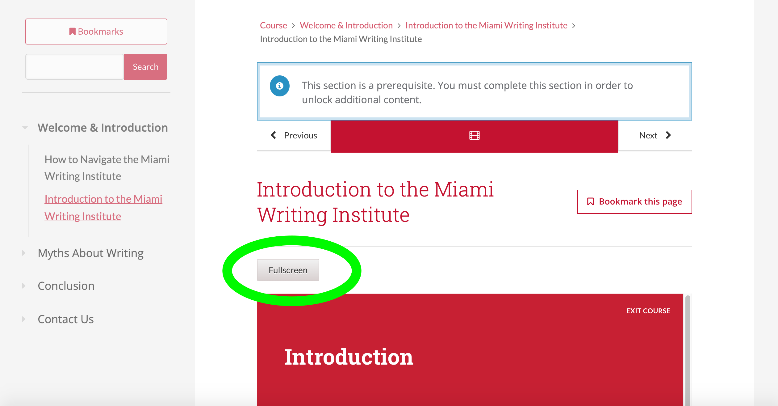 Image of the screen that indicates that the full screen button is below "Welcome to the Miami Writing Institute"