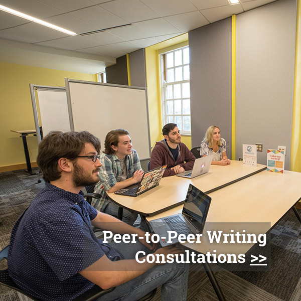 Click to learn about peer-to-peer writing consultations. Graphic shows four student consultants gather at a table in the Howe Center for Writing Excellence. They watch another consultant write on a whiteboard.