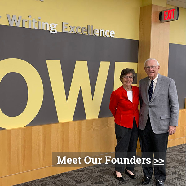 Click to meet the HCWE founds. Graphic shows HCWE founders Roger and Joyce Howe stand before sign that says "HOWE."