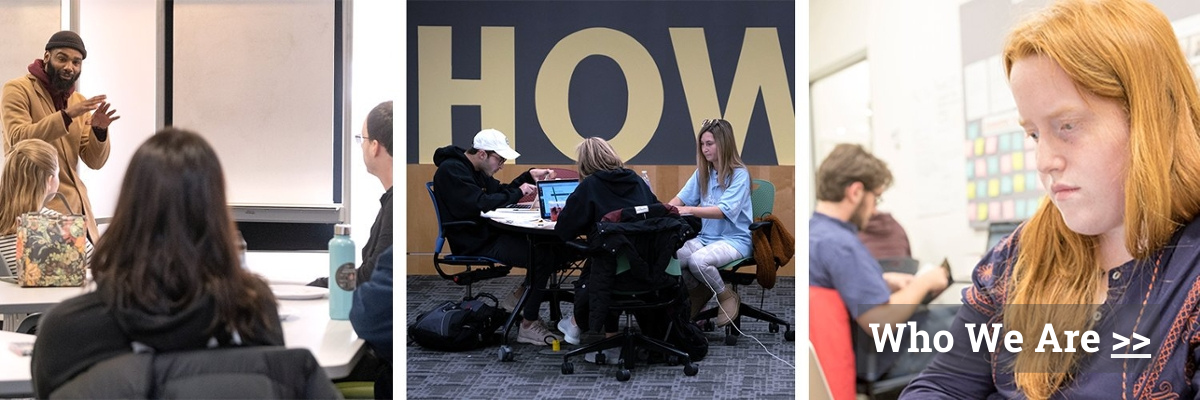 Click to learn about the HCWE. Graphic contains three panels of photos. First, at left, a man, gesturing, speaks to a workshop audience. Second, middle, three students with laptops work at a table in front of a wall with the HOWE name on Third, at right, a young woman works on laptop.   
