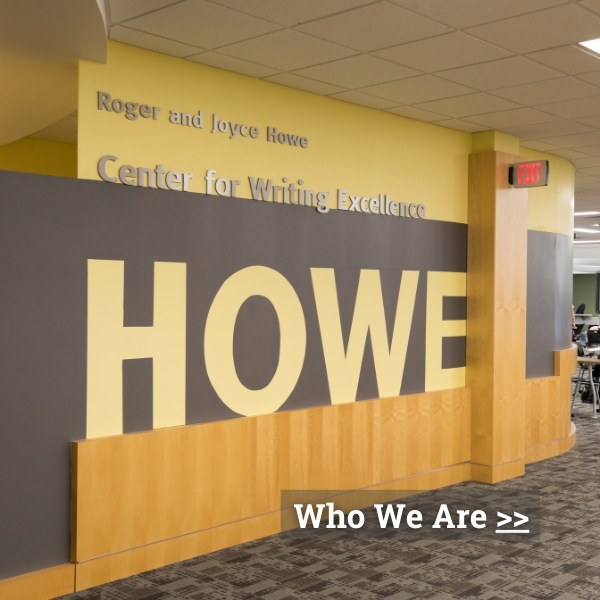 Click to learn about the HCWE. Graphic contains three panels of photos. First, at left, a man, gesturing, speaks to a workshop audience. Second, middle, three students with laptops work at a table in front of a wall with the HOWE name on Third, at right, a young woman works on laptop.