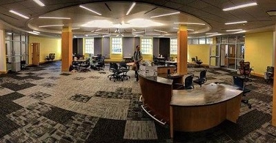 panoramic view of the inside of our new space in King Library