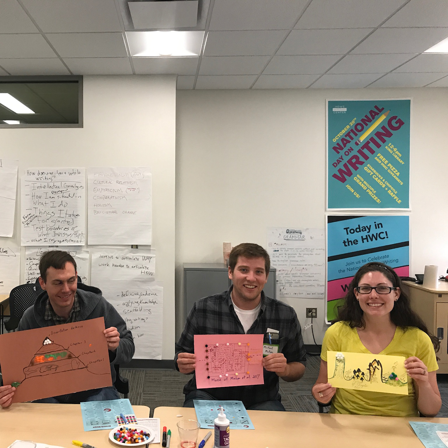 4 event participants hold up their writing process maps.
