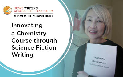 Click to read Miami Writing Spotlight about building empathy in a chemistry capstone course through science fiction writing.  Photo of professor Heeyoung Tai holding student collection of science fiction stories. 