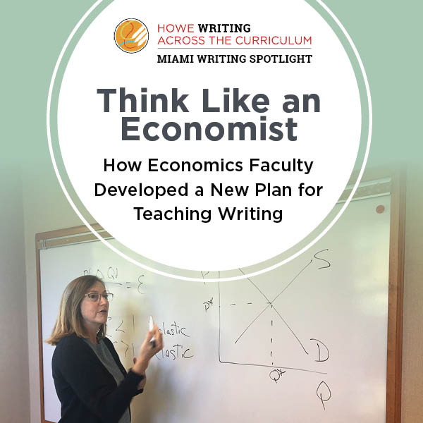 Graphic banner. White circle with green background. Inside circle appears Howe Writing Across the Curriculum logo and text: "Think Like an Economist: How Economics Faculty Developed a New Plan for Teaching Writing." Beside/Beneath graphic is a photo of professor at white board with graph drawn on it.