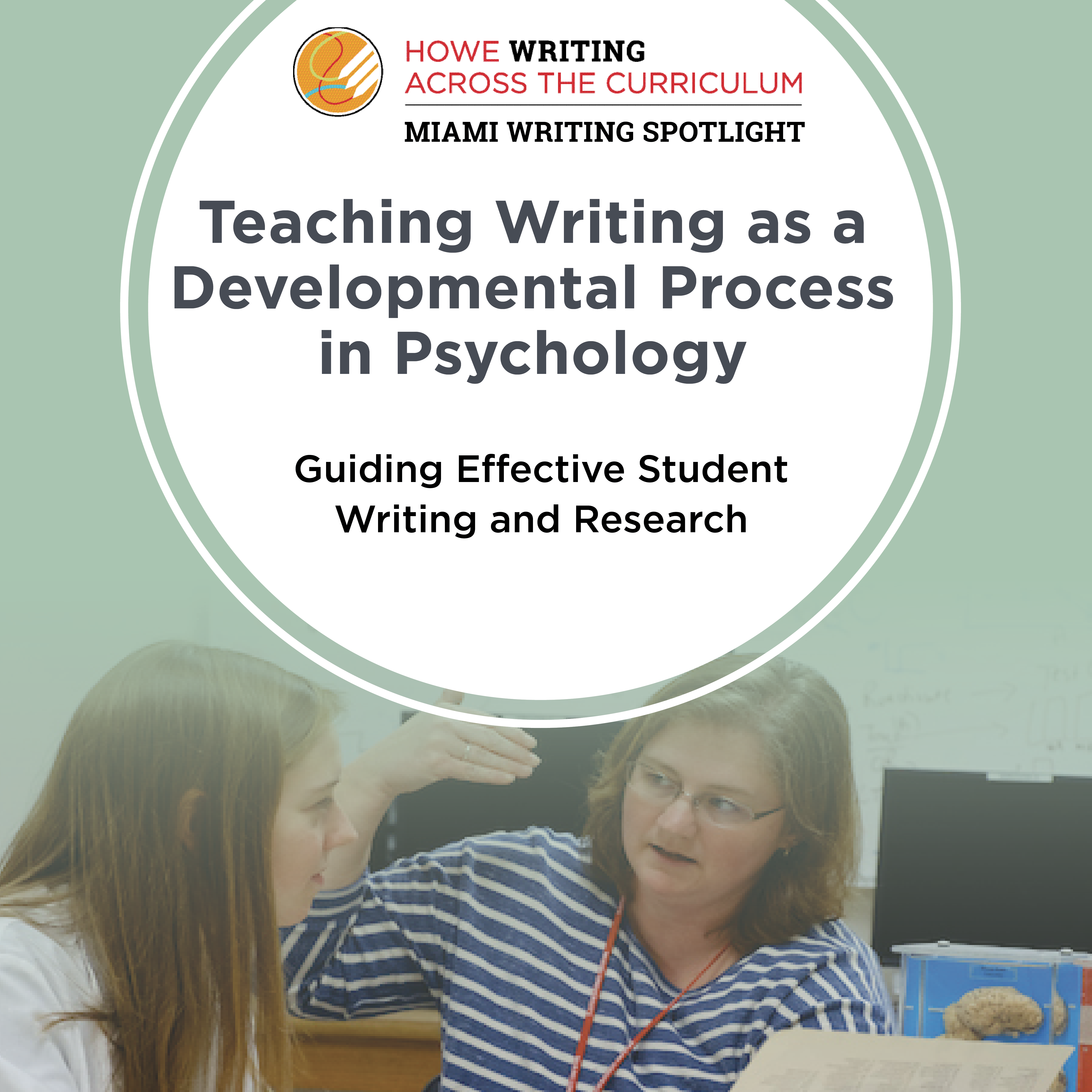 Click to read Miami Writing Spotlight, "Teaching Writing as a Developmental Process in Psychology." Photo of psychology professor Jennifer Quinn talking a student through an assignment while seated   