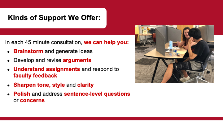  Text: Kinds of Support We Offer: In each 45 minute consultation, we can help you: Brainstorm and generate ideas Develop and revise arguments Understand assignments and respond to faculty feedback Sharpen tone, style and clarity Polish and address sentence-level questions or concerns.
