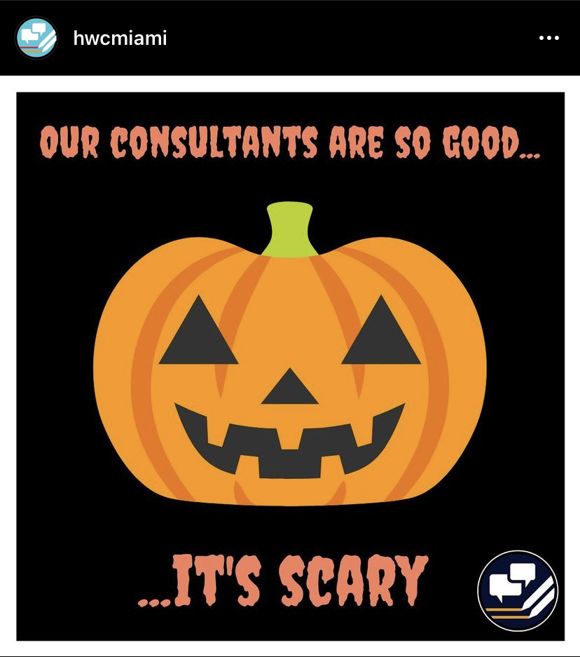 Instagram post, themed for Halloween, that reads "Our consultants are so good...It's scary" with jack-o-lantern graphic.