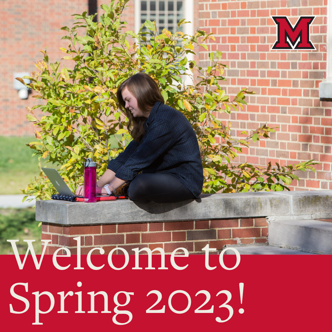 A young person sitting in the sunshine with headphones on, working on a laptop. The text reads Welcome to Spring 2023!
