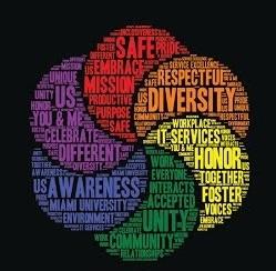 Diversity logo, colorful pinwheel with IT Services word cloud