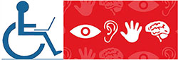 Accessibility symbols, such as a wheelchair, eye, ear, hand, and brain, on a red background