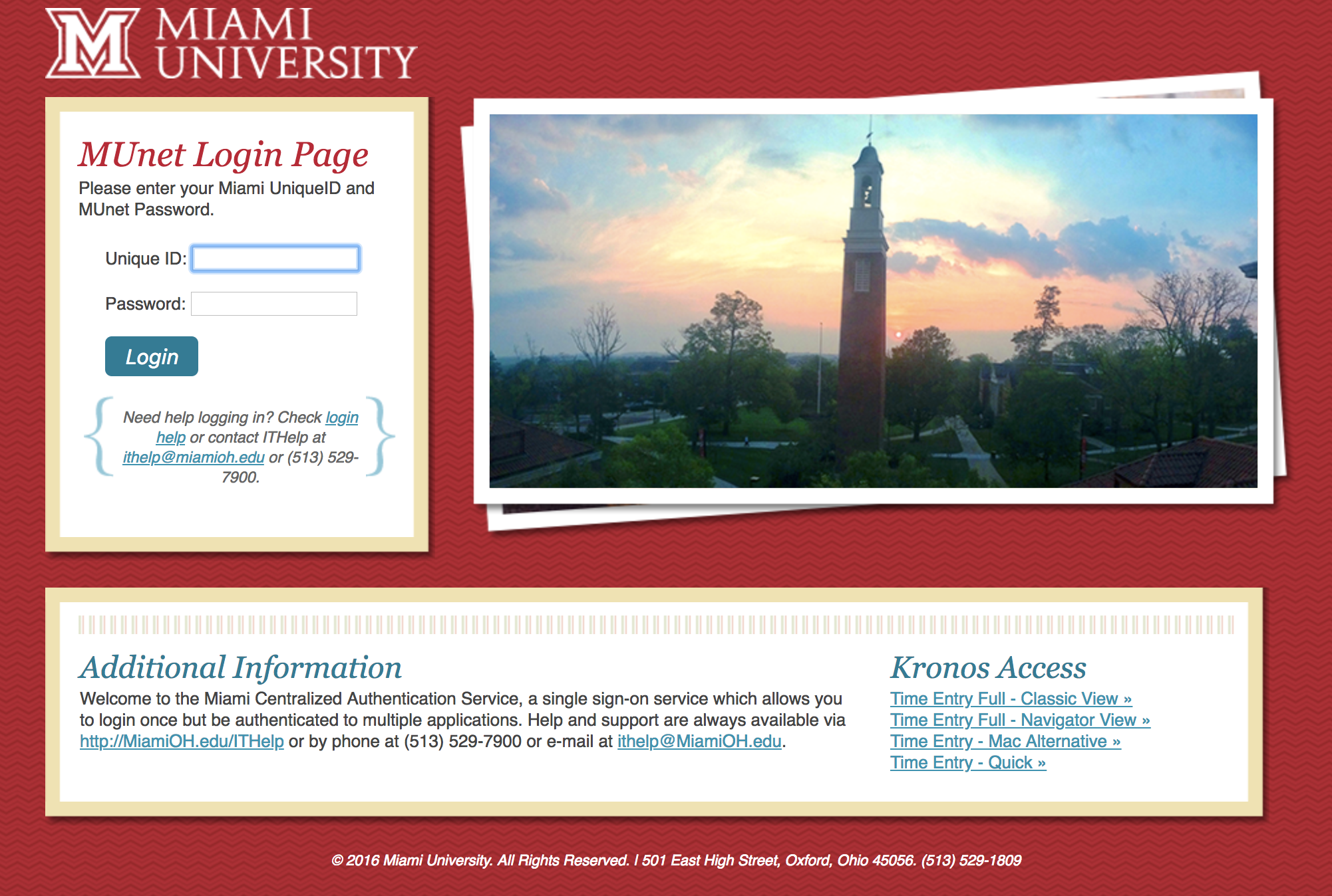 screenshot of the old Miami login page. a photo of the bell tower appears on the right side of the screen. login credentials are on the left of the image