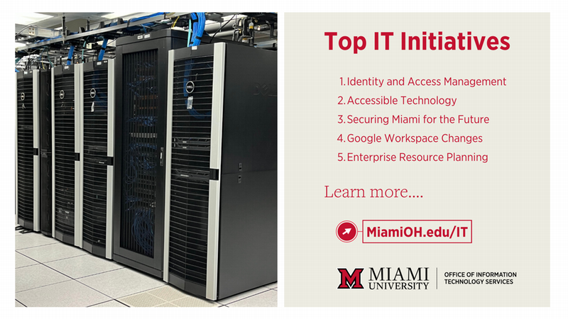 A list of the Top IT Initiatives for Miami University. That includes Identity and access management, accessible technology, securing Miami for the future, Google workspace changes, and enterprise resource planning