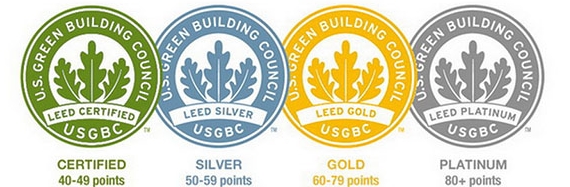 The 4 LEED-certified seals, ranging from green at 40-49 points to platinum at 80+ points
