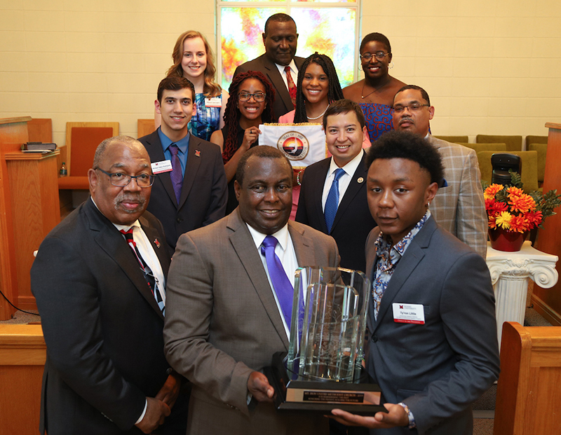 Pictured above (l-r) are: First Row: Ronald Scott; James W. Dye, Pastor Mt. Zion United Methodist Church; Ty'ron Little. Second row: Michael Hakes-Rodriguez; David Sickey, Tribal Chairman, Coushatta Tribe of Louisiana; Randi Thomas. Third row: Briana Porter and Lauren Poythress. Fourth row: Hannah Specogna; James A. Young, Mayor of Philadelphia, Mississippi; and Jannie Kamara.