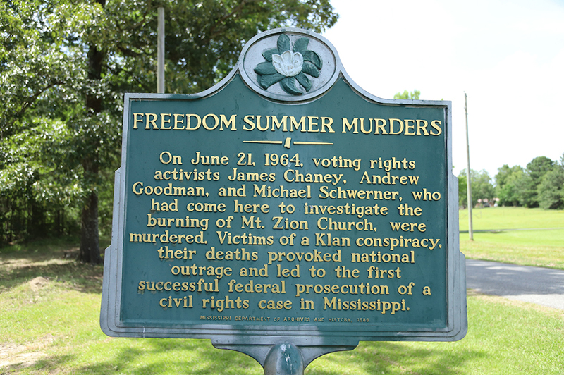 A plaque that describes the Freedom Summer murders