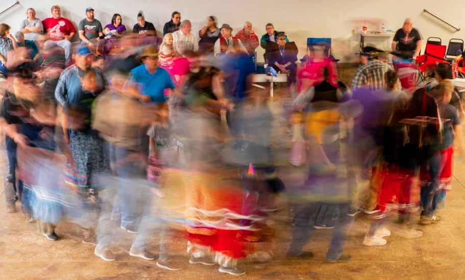 Myaamia Center staff traveled to Miami, Oklahoma, recently to take part in the Miami Tribe of Oklahoma's Winter Gathering activities. Here tribal citizens participate in the stomp dance.