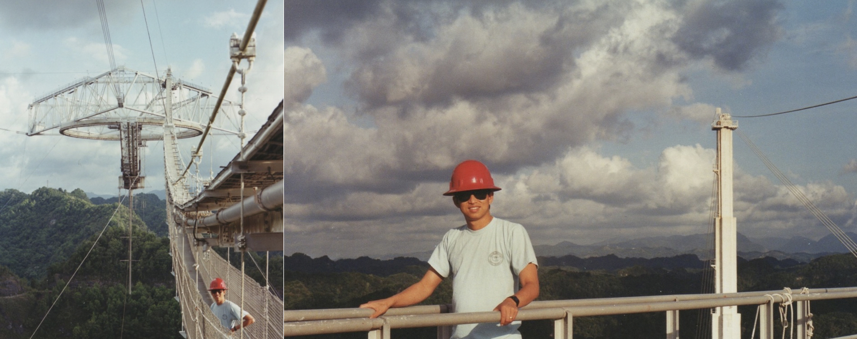 Qihou Zhou (shown here in 1993) chair and professor of electrical engineering, was a research scientist at Arecibo Observatory from 1991-2002. At left, he is standing on the catwalk, which is one way to access the instrument platform. At right he is standing on the top rim of the triangular structure seen at left, 500 feet high.