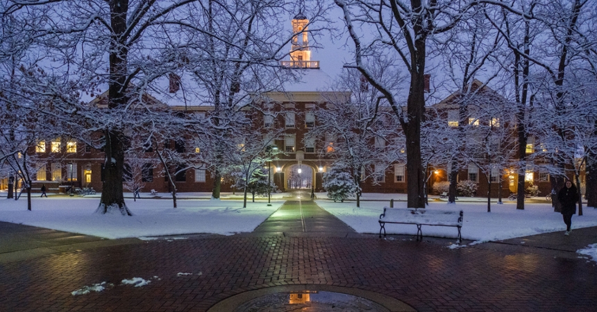  Nighttime view of the Miami seal near Upham Hall, with snow