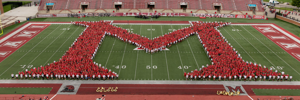 Students in Block M formation at Yager Stadium