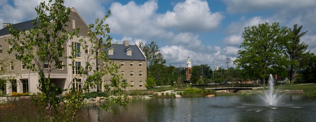Pond and fountain on Honors Residency