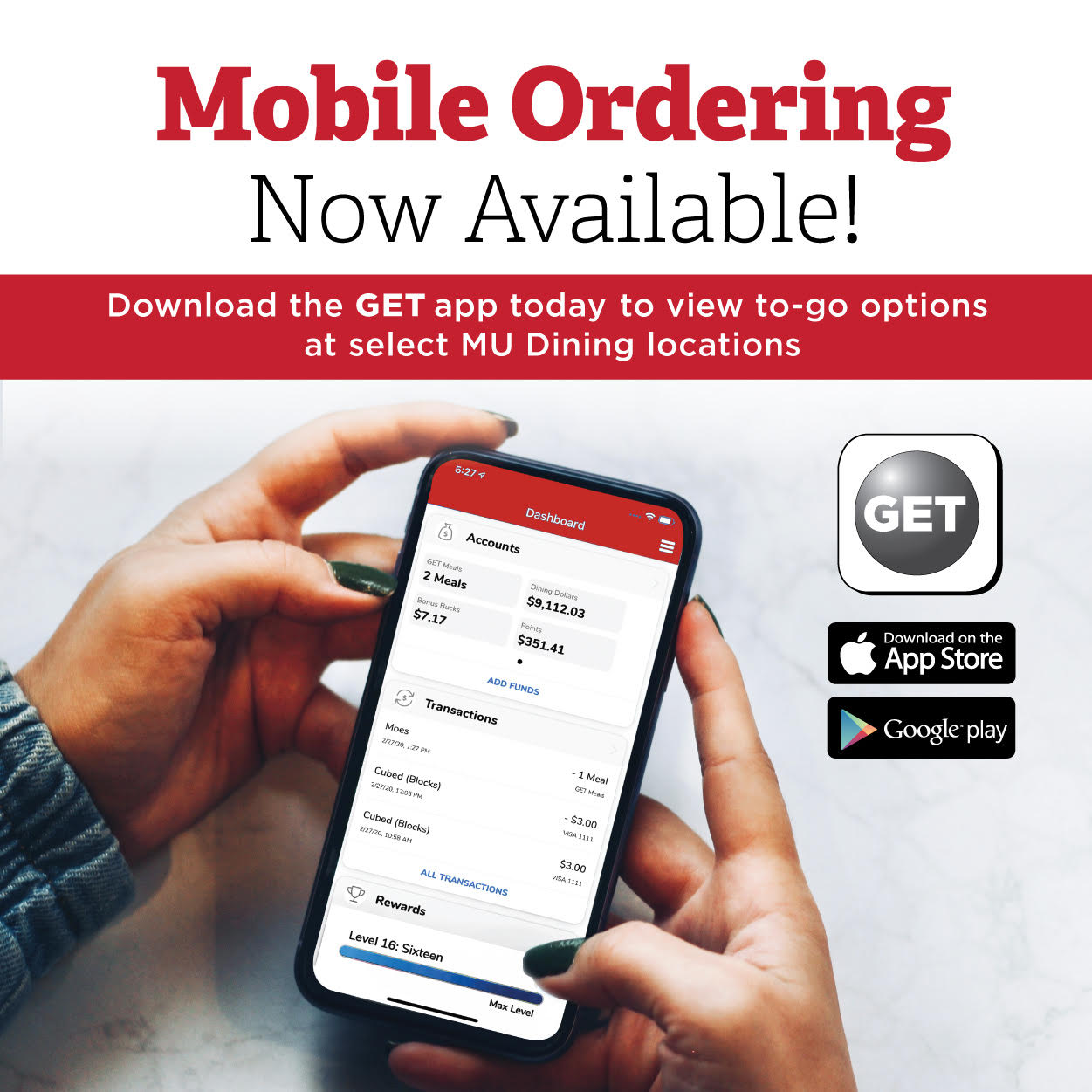 Mobile ordering now available. Download the GET app today. To view to go options at select Miami dining locations.