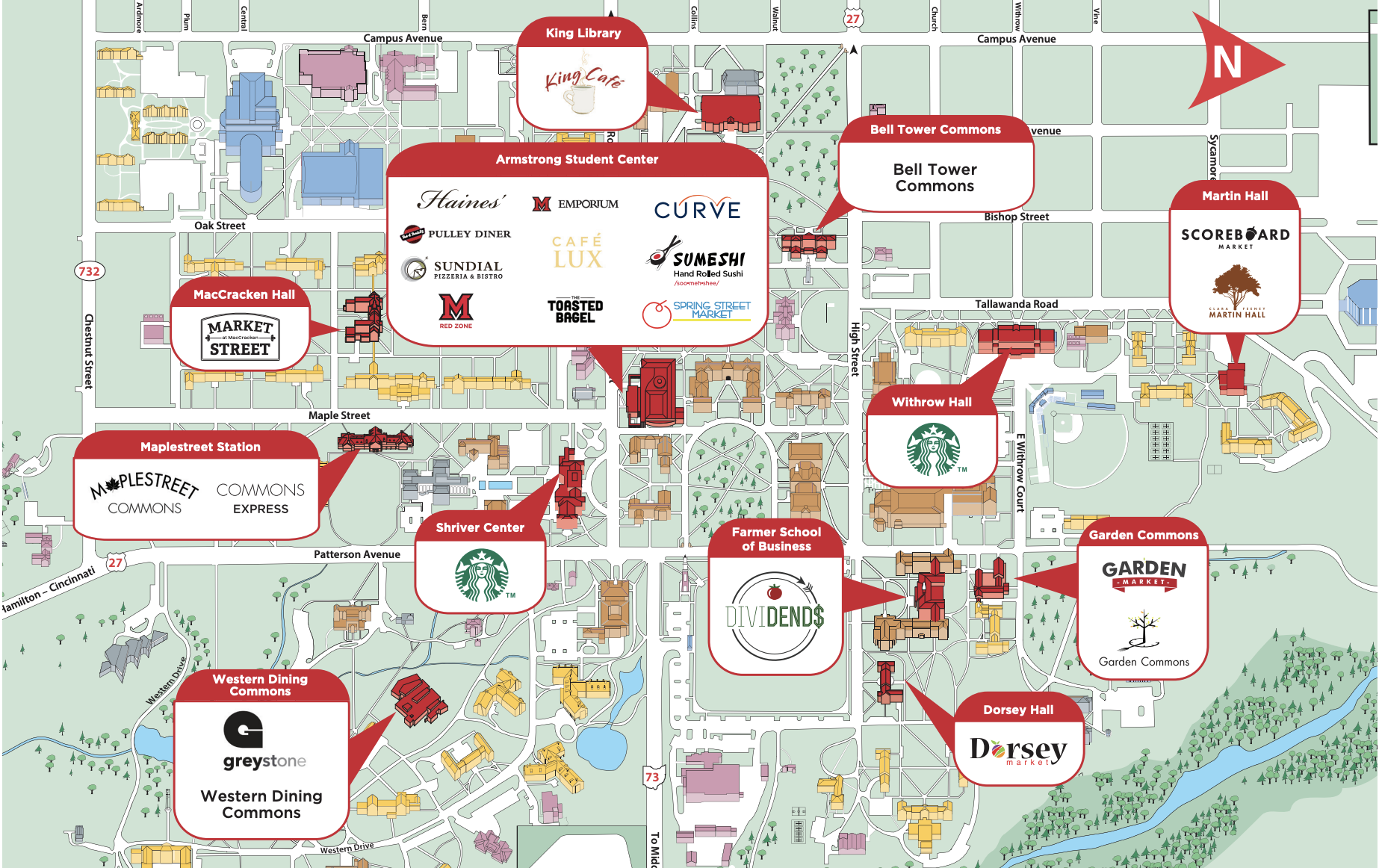 Dining locations shown on a map of Oxford's campus
