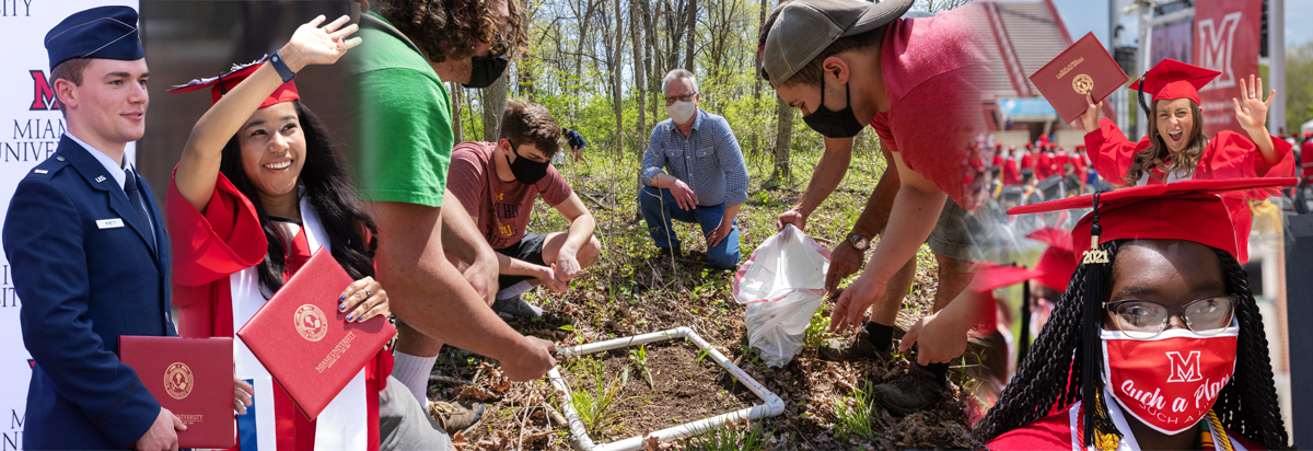 composite photo of students working with professor in field and 2021 graduates