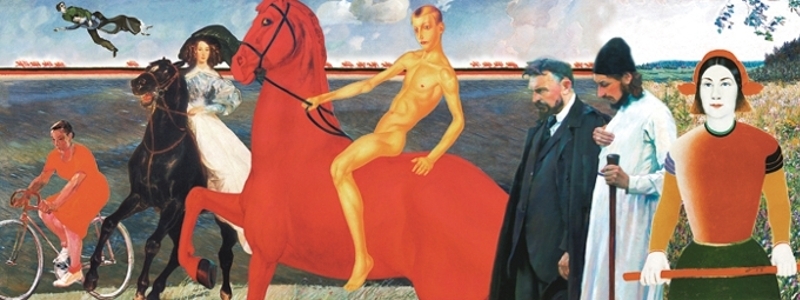 A traditional piece of Russian art, depicting people and scenery in various eras