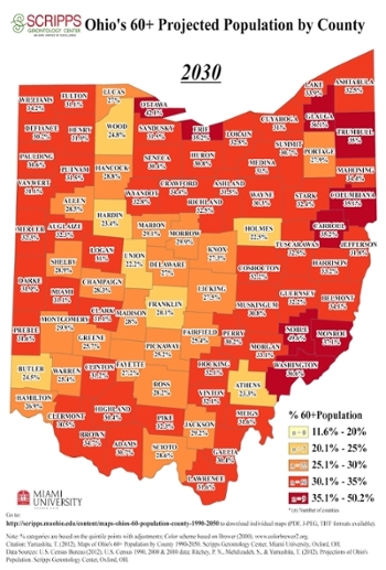 Scripps researchers' projected percentages of county populations age 60 or older in Ohio in 2030.