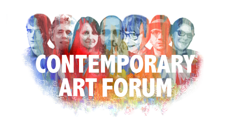 A colorful sketch of several people, standing behind the words 'Contemporary Art Forum'
