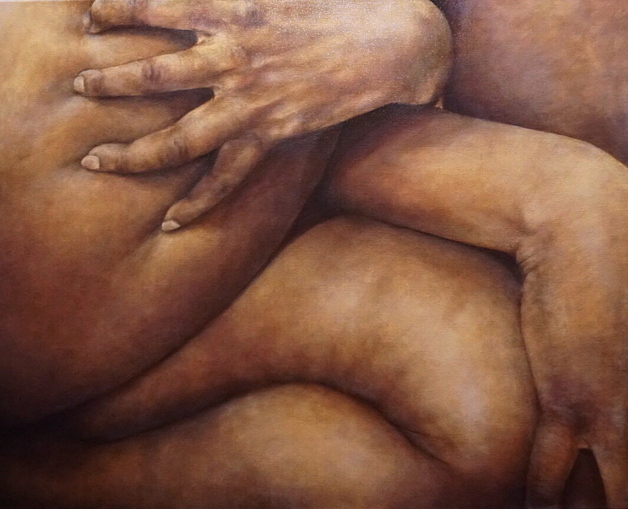 Cling painting of skin, intertwined areas of the body, with hand gripping on