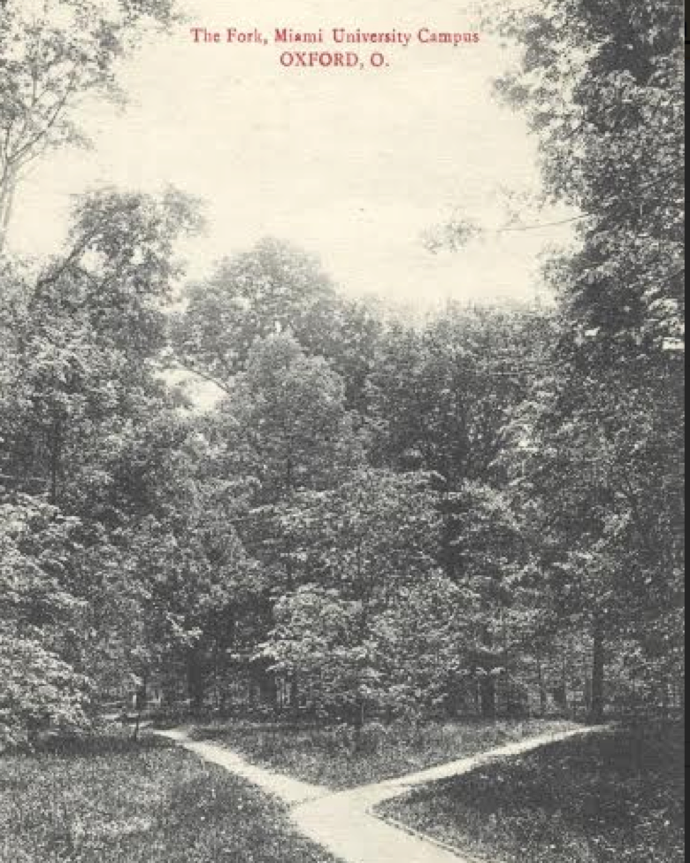 Old photo postcard of a path fork, labeled The Fork, Miami University Campus, Oxford, O. 