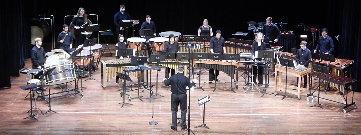 Percussion Ensemble performing onstage at Hall Auditorium