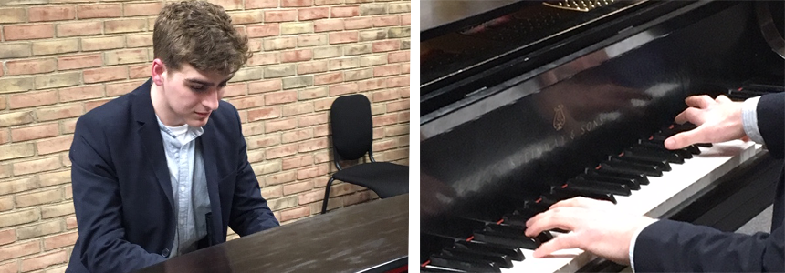 Nathan Rayens at piano. At right, closeup of his hands on the keys