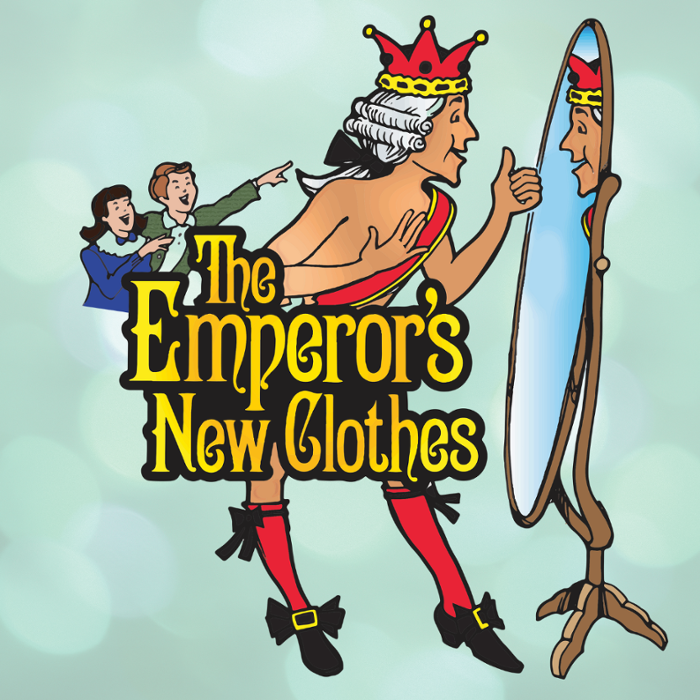 Drawing of a Man standing in front of a full length mirror wearing a crown and no clothes with the title The Emperor's New Clothes covering most of his body