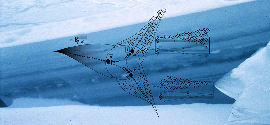 Stylized scene of icy water and terrain overlaid with notation used in Auksalaq performances