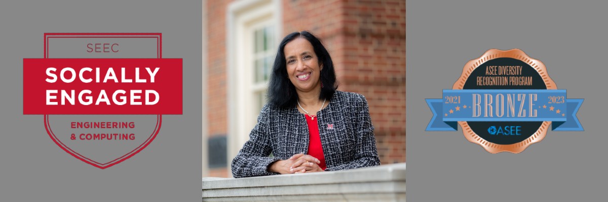 Composite picture: A photo of Dean Sukumaran, a banner that says SEEC Socially Engaged Engineering and Computing, and a photo of the outside of Benton Hall, Garland Hall, and the Engineering Building