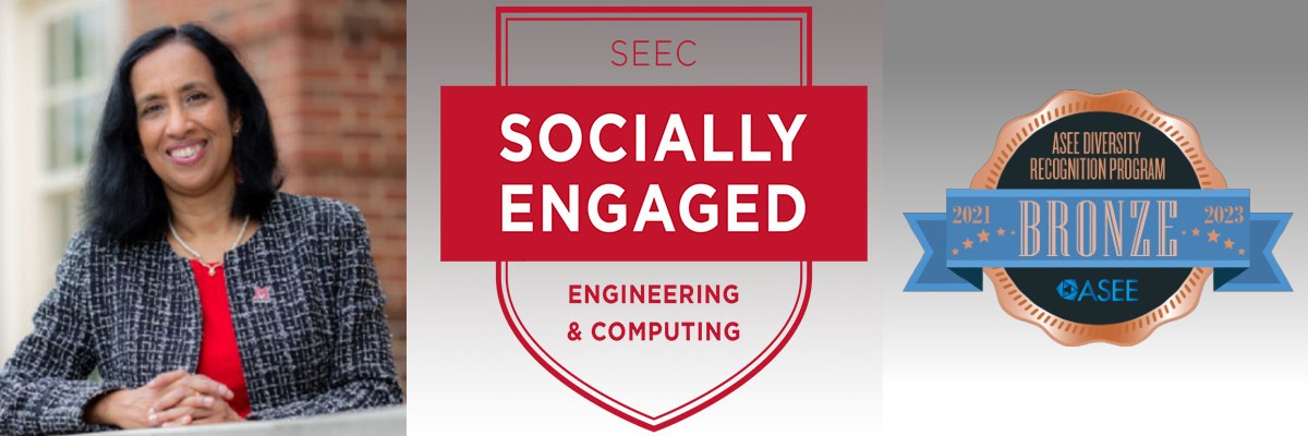 Composite picture: A photo of Dean Sukumaran, a banner that says SEEC Socially Engaged Engineering and Computing, and a photo of the outside of Benton Hall, Garland Hall, and the Engineering Building