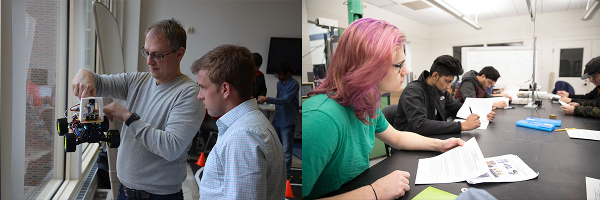 A composite containing a picture of a student working with a faculty member, a picture of a group consisting mostly of female students, and a picture of two students working together