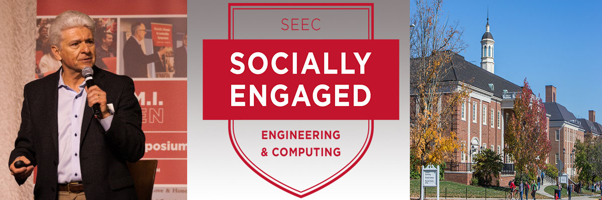 Composite picture: A photo of Dean Dollár giving a speech, a banner that says SEEC Socially Engaged Engineering and Computing, and a photo of the outside of Benton Hall, Garland Hall, and the Engineering Building