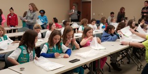 Girl Scouts working on projects during SWE Girl Scout Day