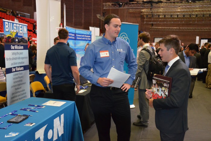 A student speaking with a recruiter at Career Fair
