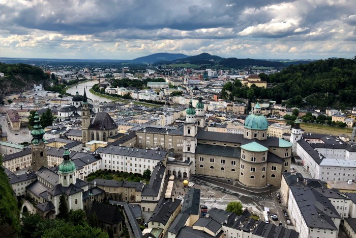 An aerial view overlooking a city in Austria