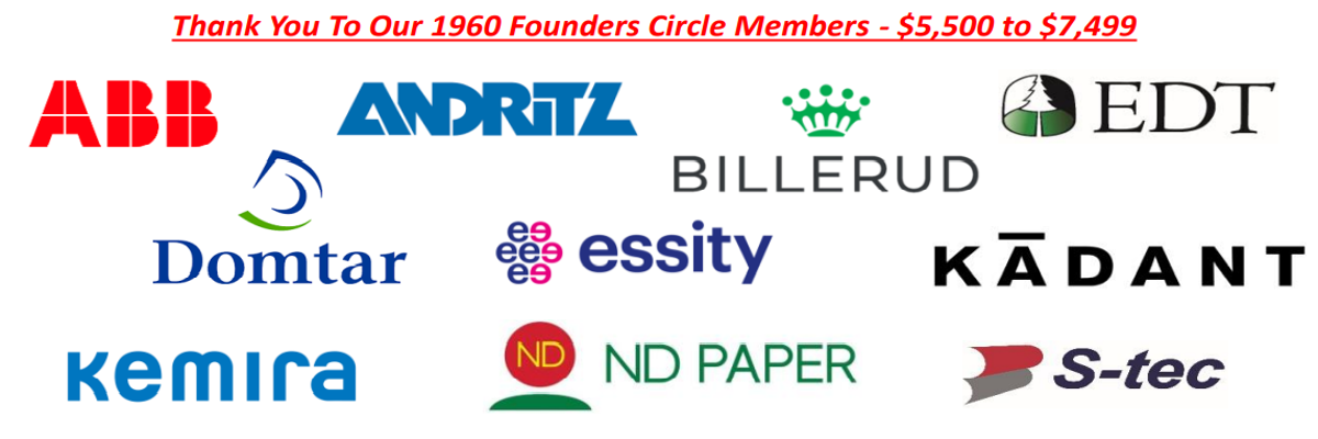 1960 Founders Circle Members: ND Paper, Kemira, EDT, Kadant, Essity, Andritz, S-tec, Domtar, Verso, ABB