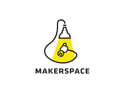 Lamp with a hand underneath holding a wrench above the word makerspace