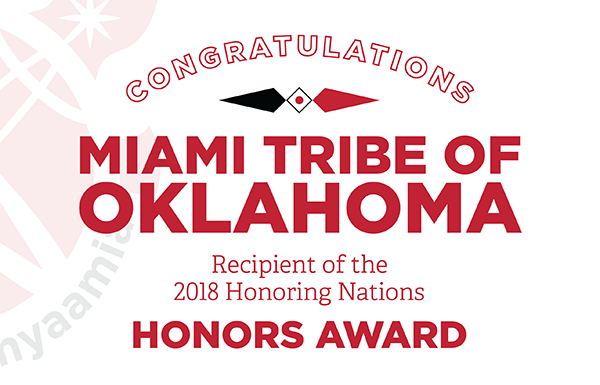 Banner congratulating the Miami Tribe of Oklahoma on their Honoring Nations Honors award